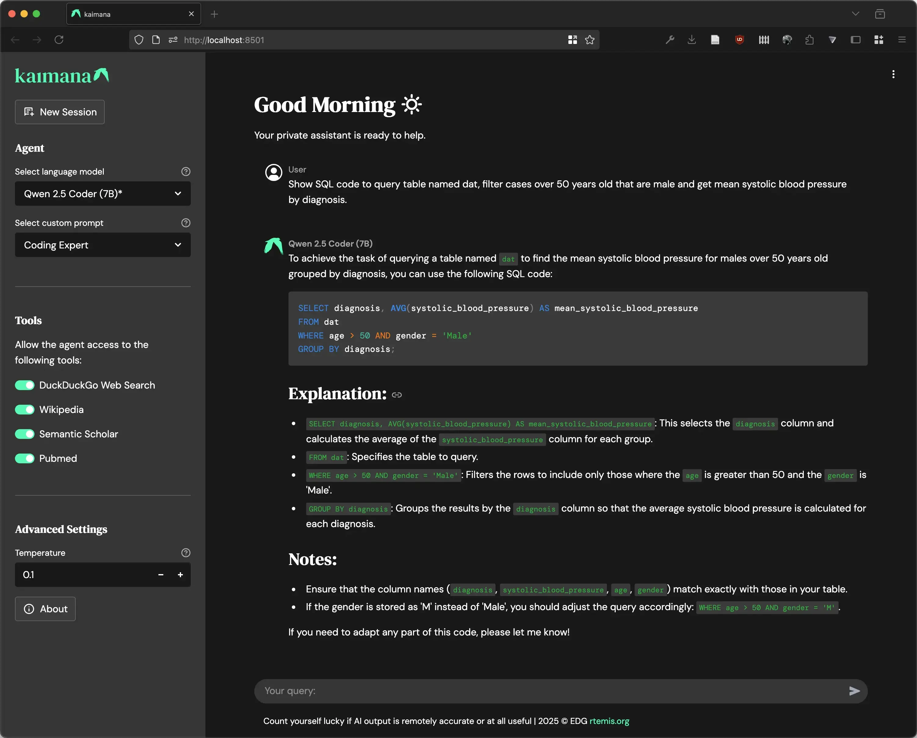 The LLM was able to generate a SQL query without using any tools. Custom prompt ensured the response included notes on how to adapt to your own data.
