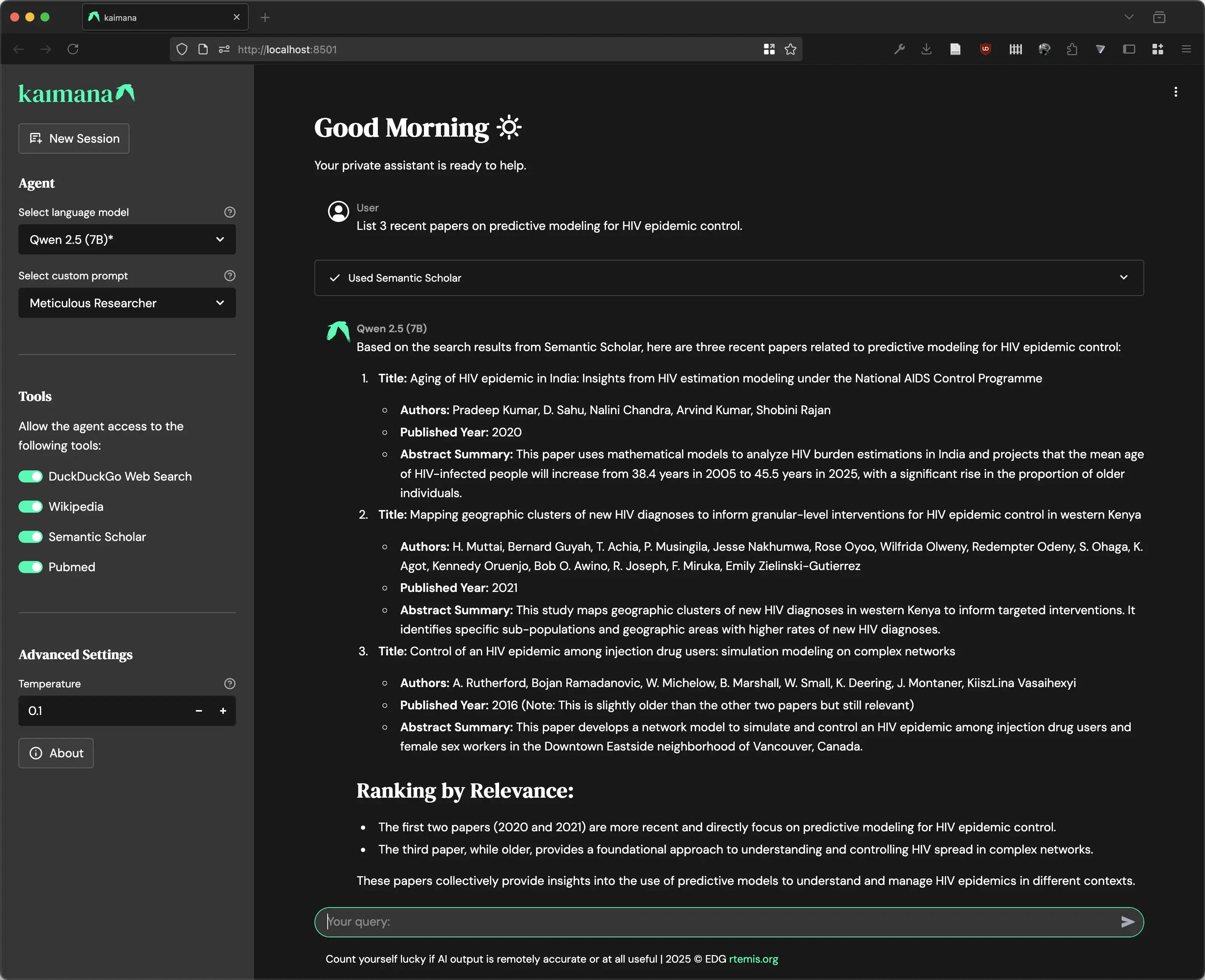 The agent used Semantic Scholar to find papers and proceeded to rank its findings by relevance
